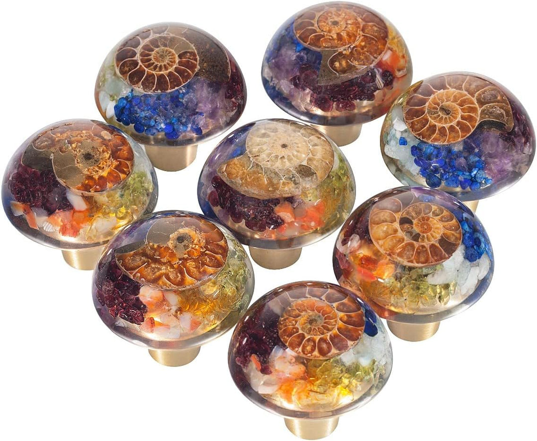 mookaitedecor 7 Chakra Schubladen Knöpfe mit Schrauben Satz von 2, Ammonit Fossil Harz dekorative Kr