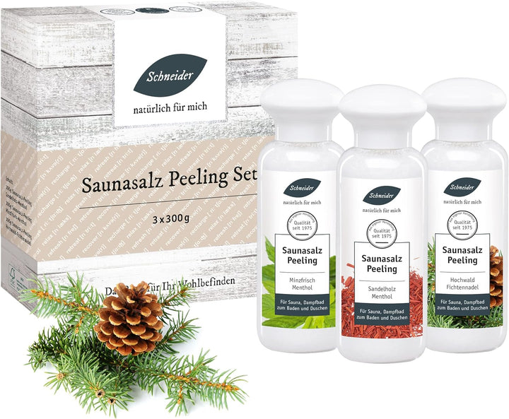 Saunabedarf Schneider - Saunasalz Peeling Set - 3 x 300 g Inhalt - Vorratspack, wohltuender Mix für