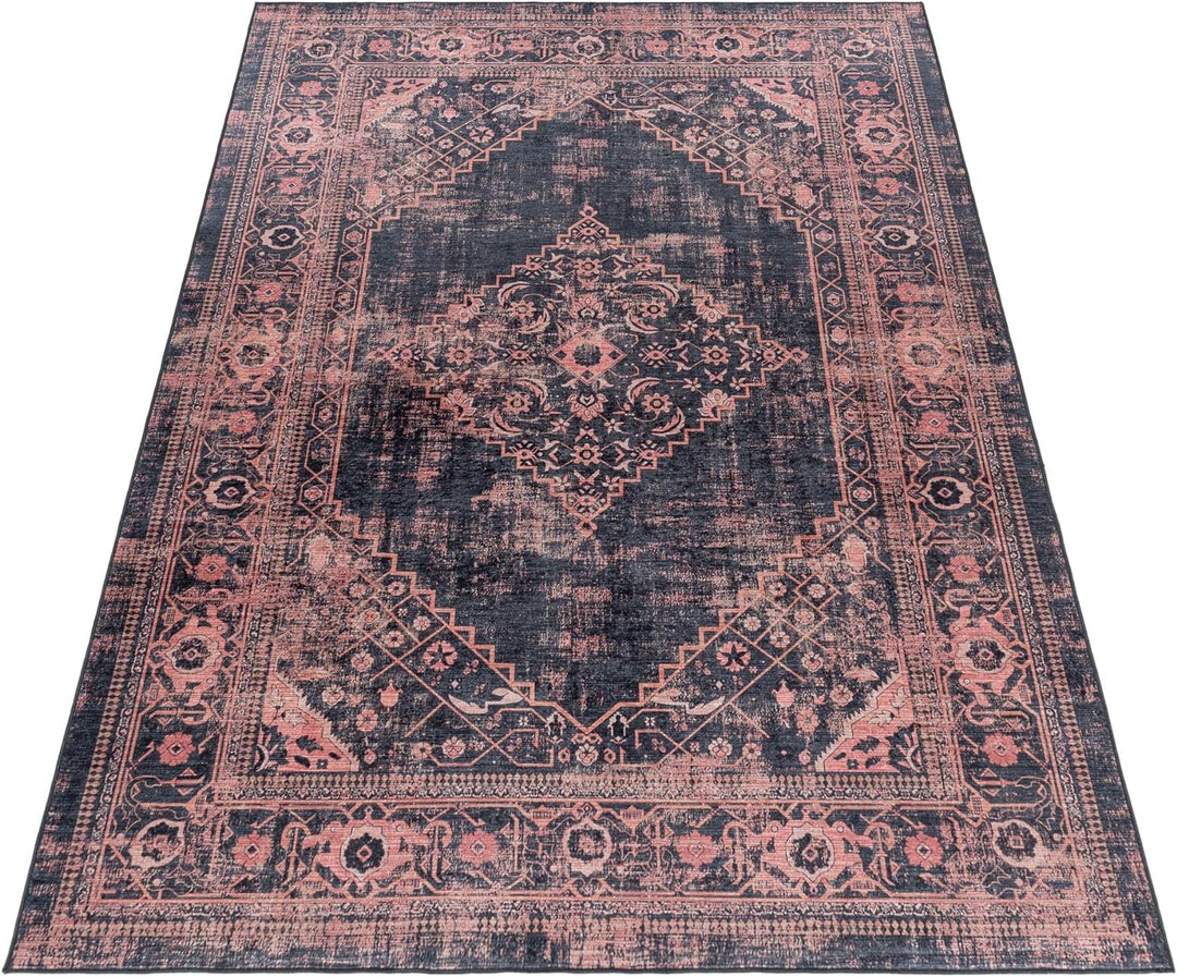 Waschbarer Teppich, Didigitaldruck Orientteppiche, Rechteckig, Rot - Schwarz Farbe, Flachgewebe, Fus
