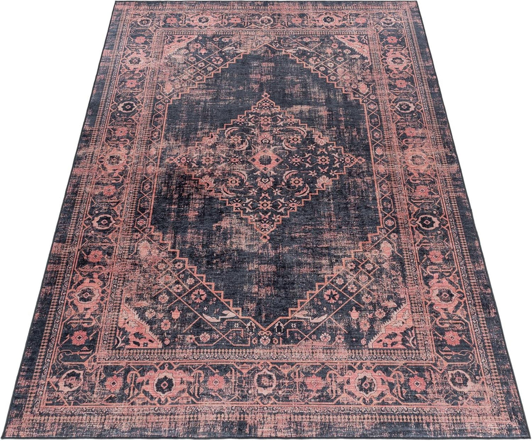 Waschbarer Teppich, Didigitaldruck Orientteppiche, Rechteckig, Rot - Schwarz Farbe, Flachgewebe, Fus