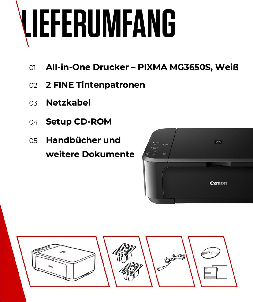 Canon PIXMA MG3650S Drucker Farbtintenstrahl DIN A4 (Scanner, Kopierer, Bürodrucker, 4.800 x 1.200 d