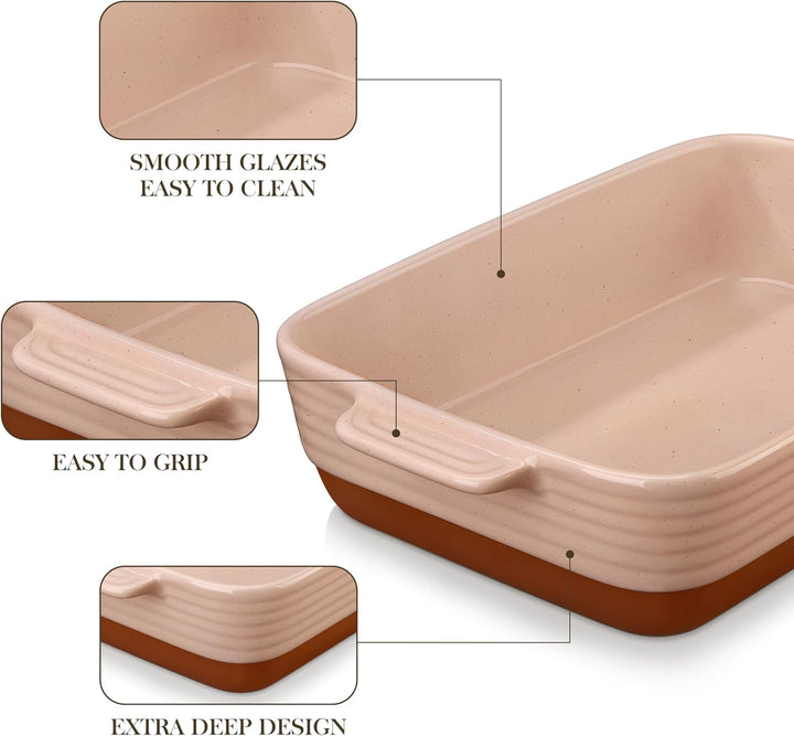 MALACASA, Serie TARA, Rosa Auflaufform Gross, 4.5L Backformen, Auflaufformen rechteckig aus Steingut
