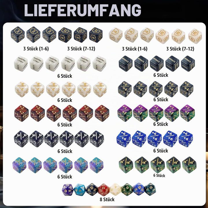 80 Stück MTG Würfelzähler-Set Premium，Schild Lebenszähler,Schlüsselwörter-Würfel,+1/+6 &amp; -1/-6 Zähle