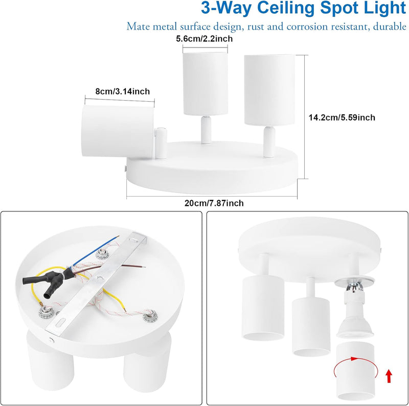 Klighten Deckenstrahler 3 Flammig Weiss, GU10 Deckenleuchte Strahler Schwenkbar, Spotleuchte Drehbar