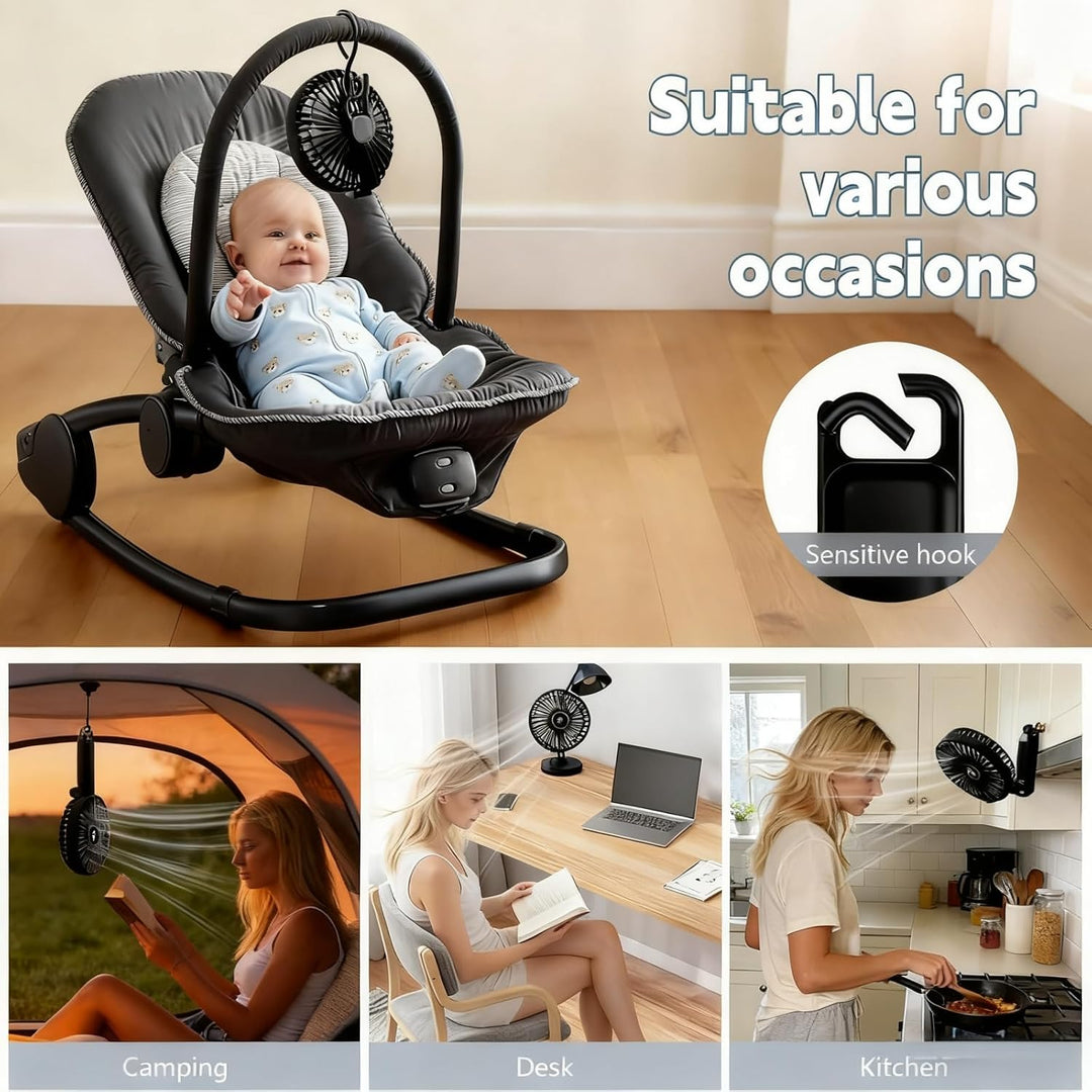VanSmaGo Handventilator Akku Aufladbar, 5 Stufen USB Fan (Full Black) | Tisch/Hand/Reise, 8,5 Std. A