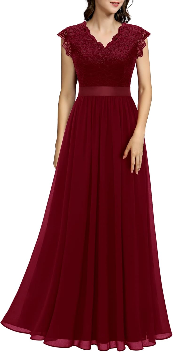 Dressystar Damen Spitzenkleid Elegant Hochzeit Abendkleider Maxi Cocktailkleid L Band_darkred, L Ban