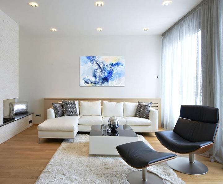 Paul Sinus Art Bild Leinwand 120x80cm Eleganter Kolibri im Flug in Blautönen mit Kalligraphie, 120x8
