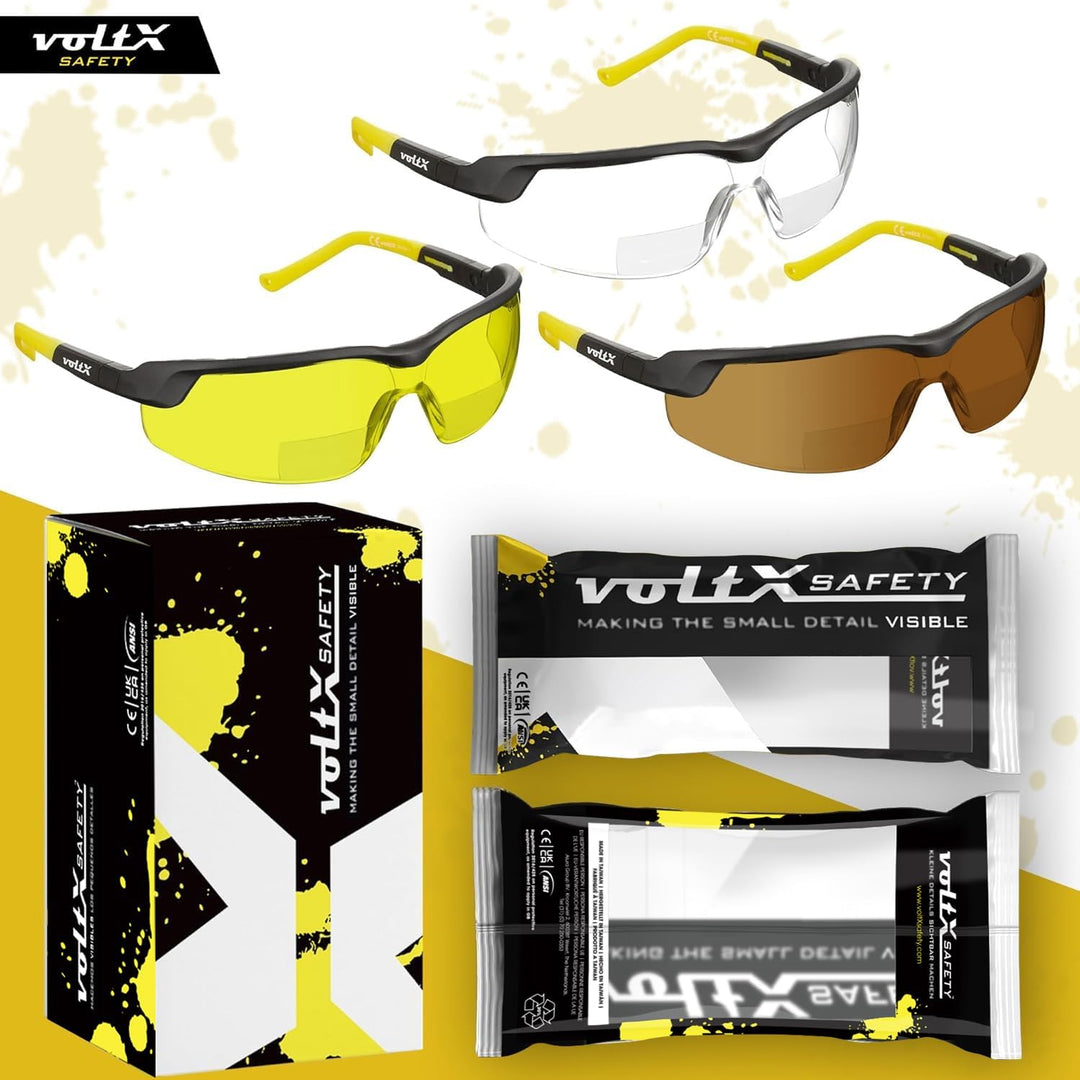 voltX 3 x GT ADJUSTABLE Bifokale Lesen Schutzbrille (KLAR, GELB, BRAUN +1.5 Dioptrie), EN166FT Zerti