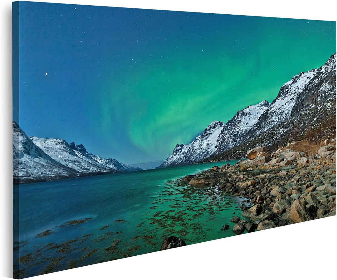 islandburner Bild auf Leinwand Aurora Borealis Nordlichter Reflexion Mit Fjorden Bilder Wandbilder P