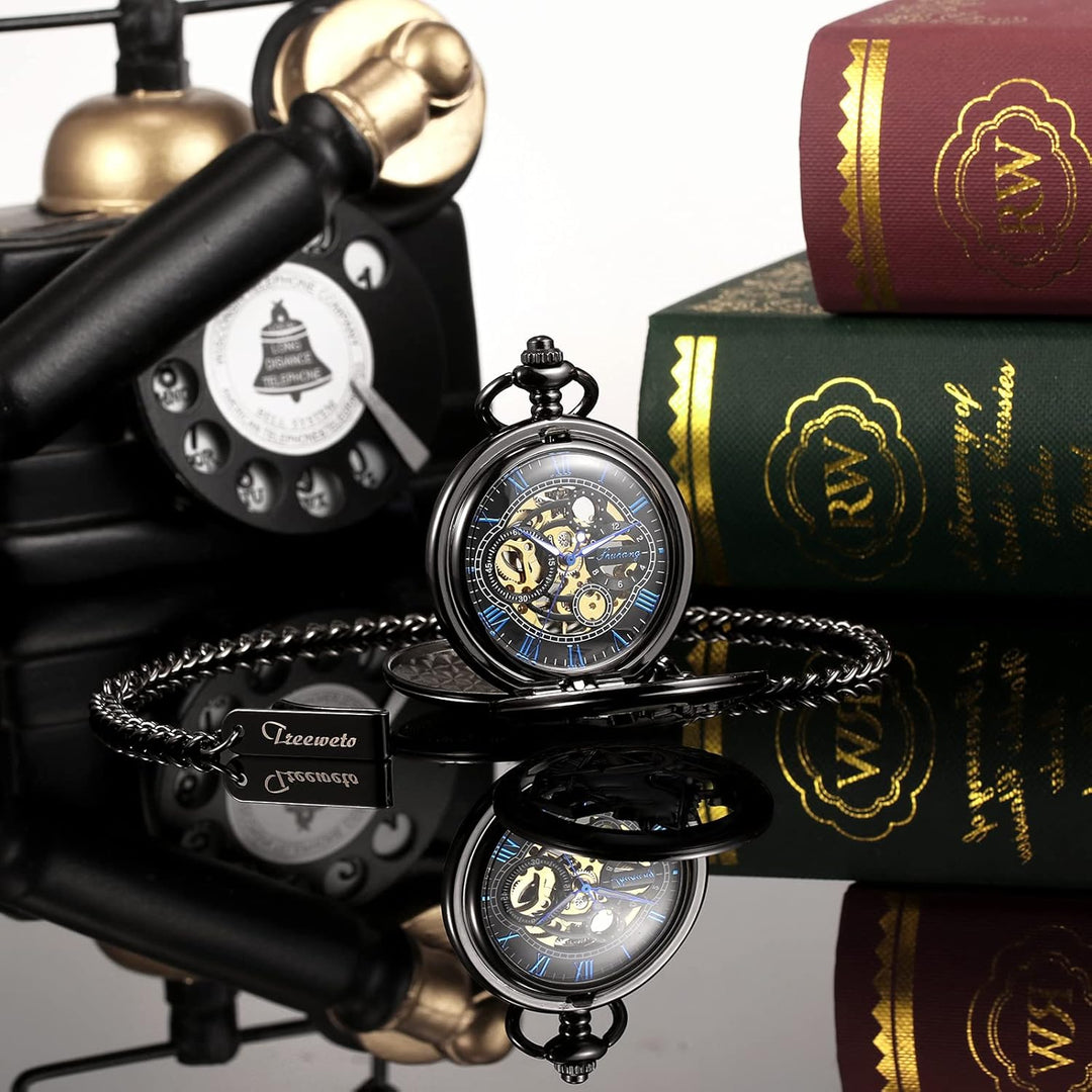 TREEWETO Fullmetal Alchemist Skeleton Steampunk Taschenuhr Mechanische Doppelabdeckung Taschenuhr mi