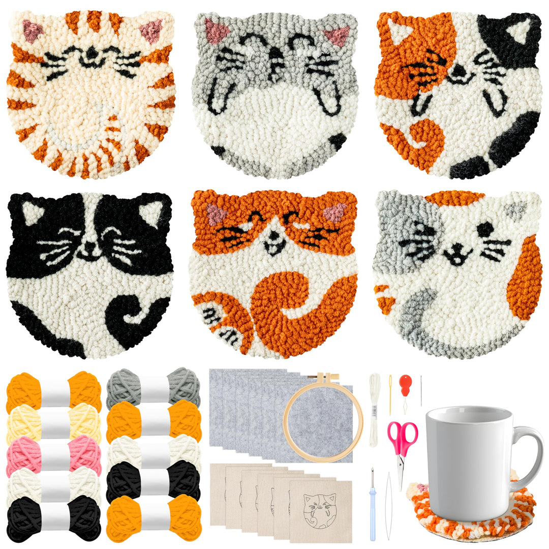 WATINC Punch Needle Untersetzer Kit Katze DIY Handwerk Stickerei Kit Easy Embroidery für Anfänger Co
