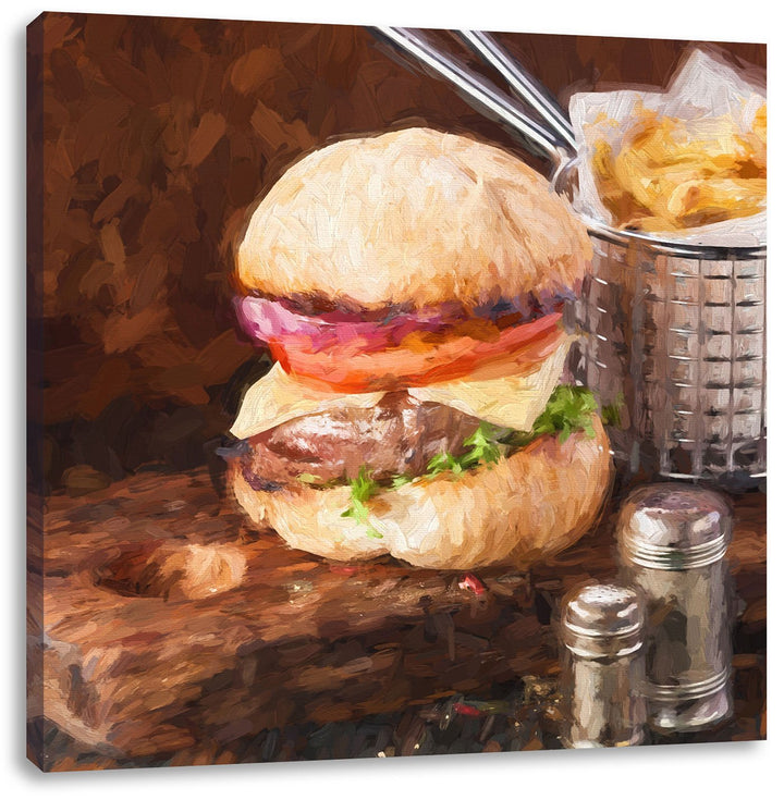 Pixxprint Cheesburger mit Pommes Pinsel Effekt, Format: 70x70 auf Leinwand, 70x70