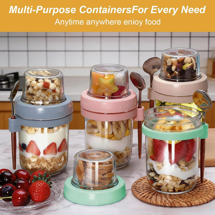 4er Müslibecher To Go, 480ml+120ml Overnight Oats Gläser, Joghurtbecher mit Doppelschicht-Design, Tr