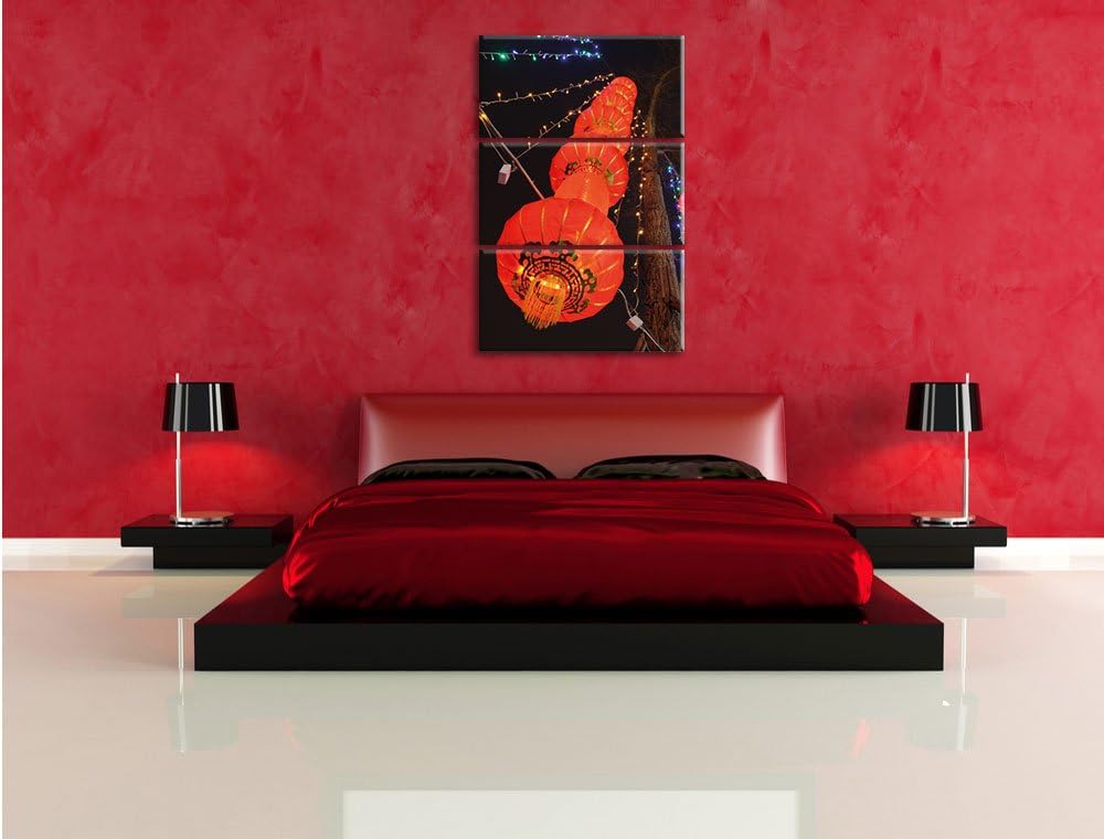 Pixxprint traditionelle chinesische Lampions / 3-Teilig/Gesamtmass 120cm Leinwandbild bespannt auf H