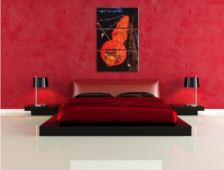 Pixxprint traditionelle chinesische Lampions / 3-Teilig/Gesamtmass 120cm Leinwandbild bespannt auf H