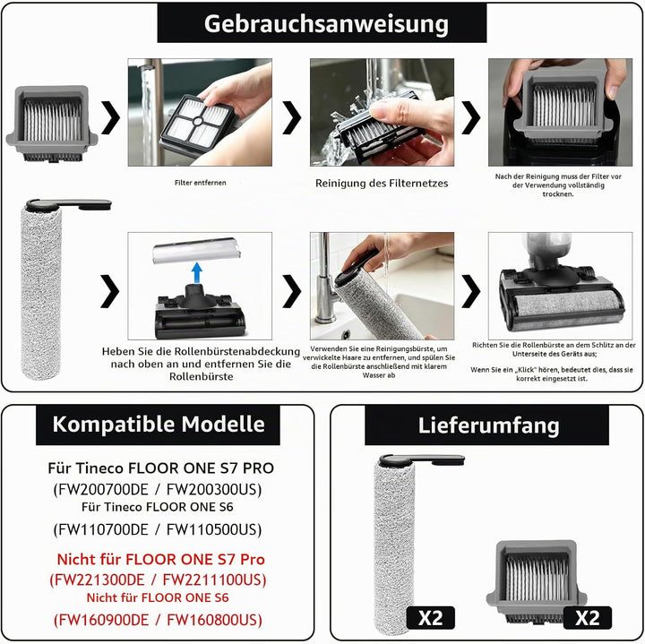 Bürstenrolle + Filter Ersatzteile für Tineco Floor One S7 PRO / S6 Nass-und Trockensauger, Zubehör 2