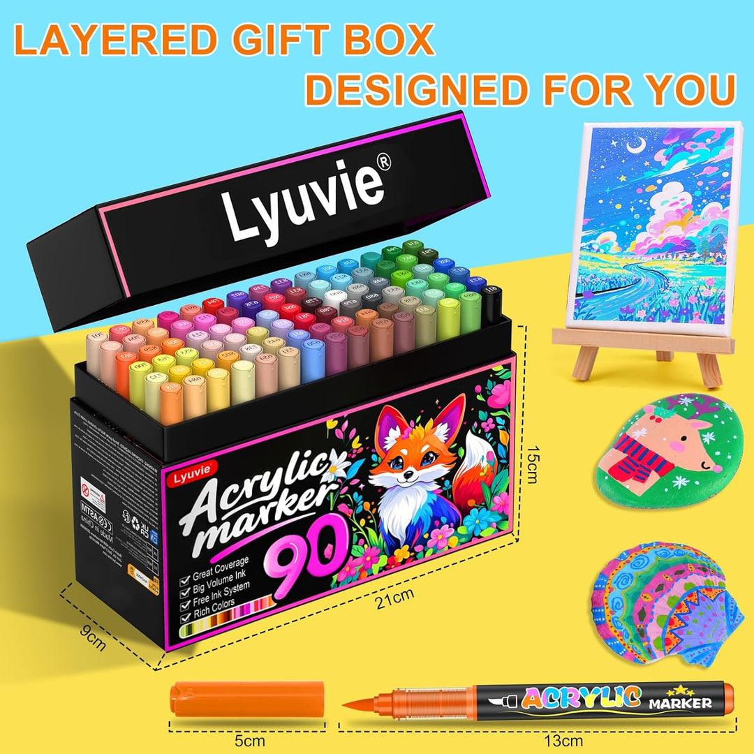 Lyuvie 90 Farben Acrylstifte für Steine WasserfestSet, Permanente Acrylic Paint Brush Marker Acrylst