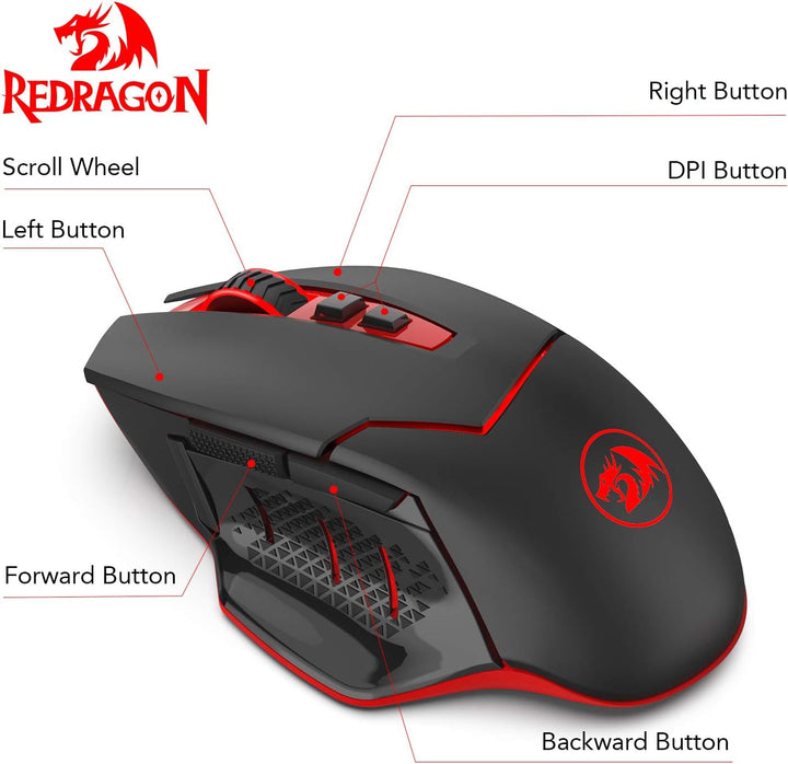 Redragon M690-1 Kabellose Gaming-Maus mit DPI-Schaltung, 2 Seitentasten, 2400 DPI, ergonomisches Des