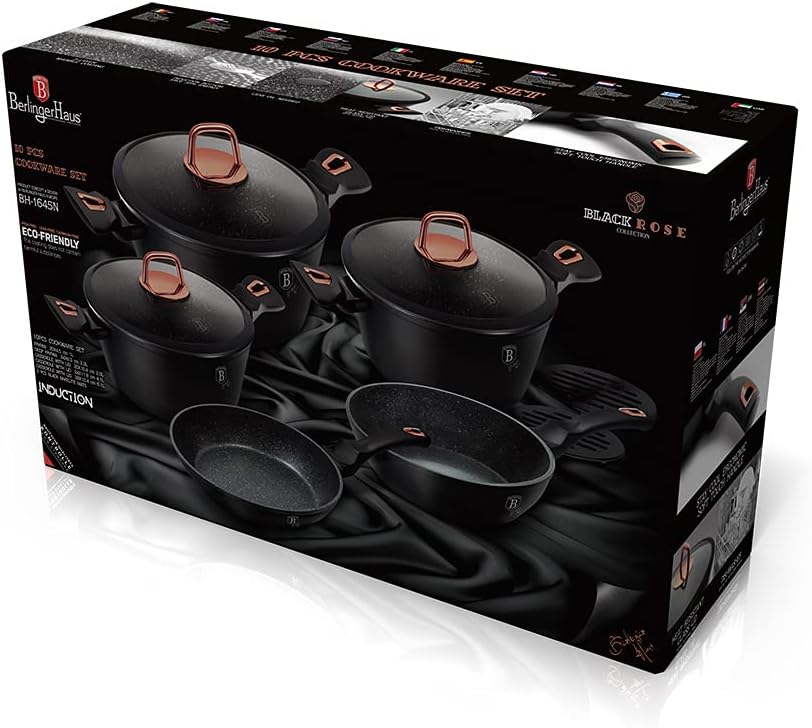 Topfset, Schwarz, Rosa, Marmor-Beschichtung, Aluminium, Turbo-Induktion, 10-teilig