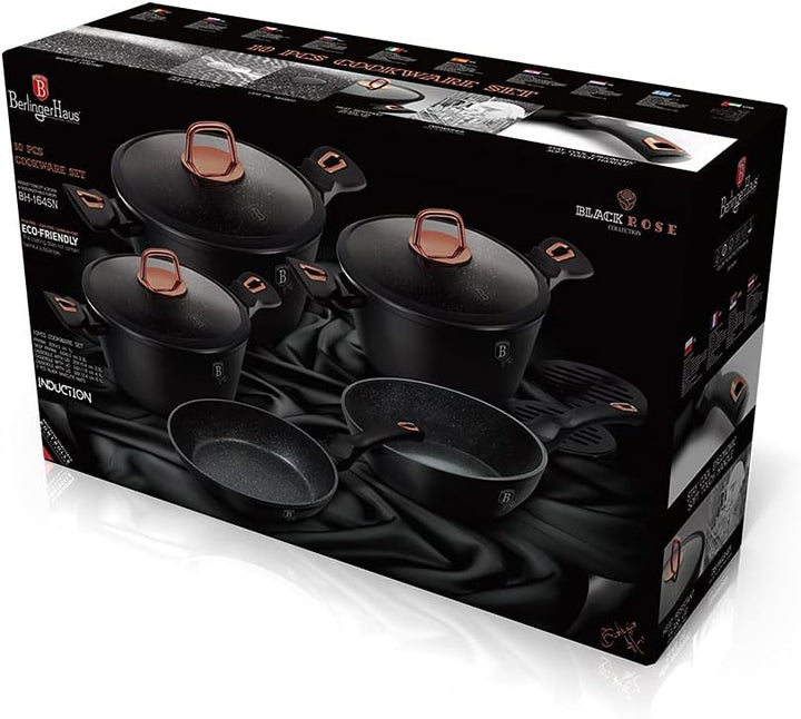 Topfset, Schwarz, Rosa, Marmor-Beschichtung, Aluminium, Turbo-Induktion, 10-teilig