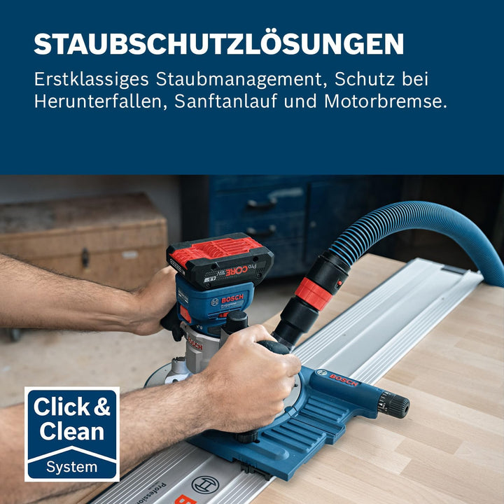 Bosch Professional 18V System Akku-Kantenfräse GKF 18V-8 (inkl. Parallelanschlag, 2x Saugadapter zum