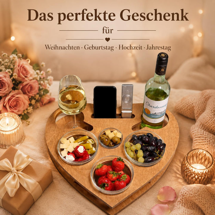 Herz Couchbar in Eiche - Couch Tablett mit 4 Glasschalen - Sofatablett für Snacks & Getränke [stabil