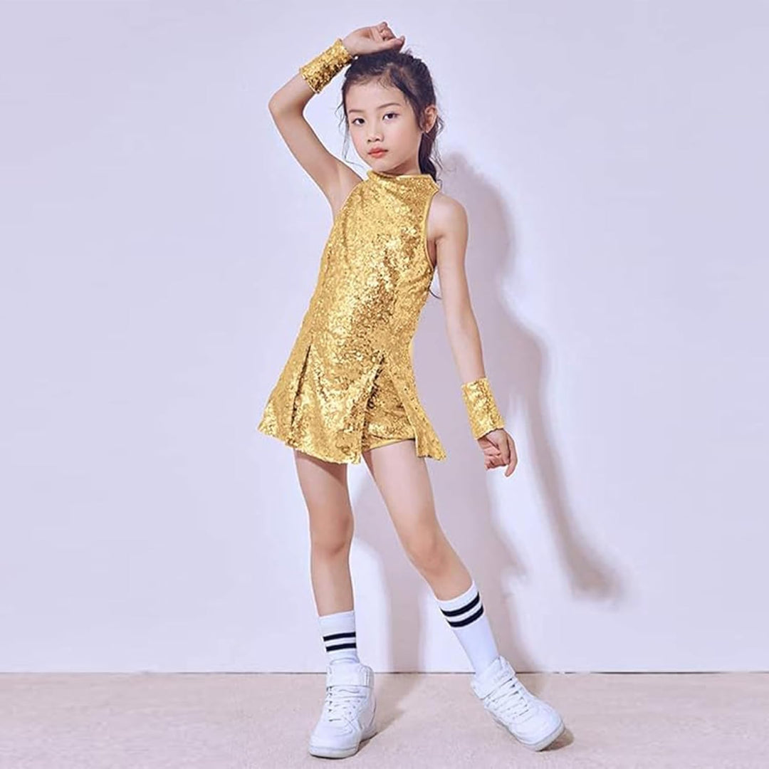 LOLANTA Mädchen Pailletten-Kostüm Hip Hop Dancewear Funkelndes Tanzkleid Gesetzt 4-5 Jahre Gold, 4-5