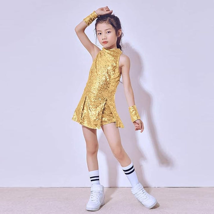 LOLANTA Mädchen Pailletten-Kostüm Hip Hop Dancewear Funkelndes Tanzkleid Gesetzt 4-5 Jahre Gold, 4-5