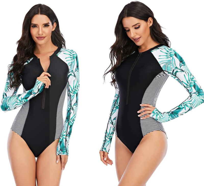 Beachkini One-Piece Swimsuit for Women Long-Sleeved Swimwear with Front Zip Triangle Swimsuit L 07,