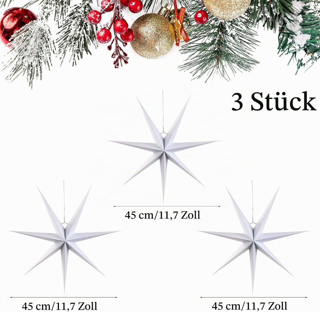 SUNBEAUTY 45 cm Papier Stern Dekoration 3er Set Weiss Faltsterne Neuneck Weihnachtsstern Deko für We