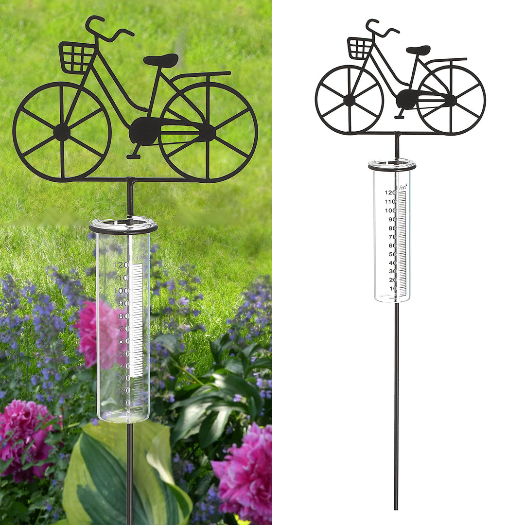 Cepewa Gartenstecker Regenmesser Fahrrad │ 18x90x5,5cm Metall Glas │ Messzylinder Niederschlagsmesse