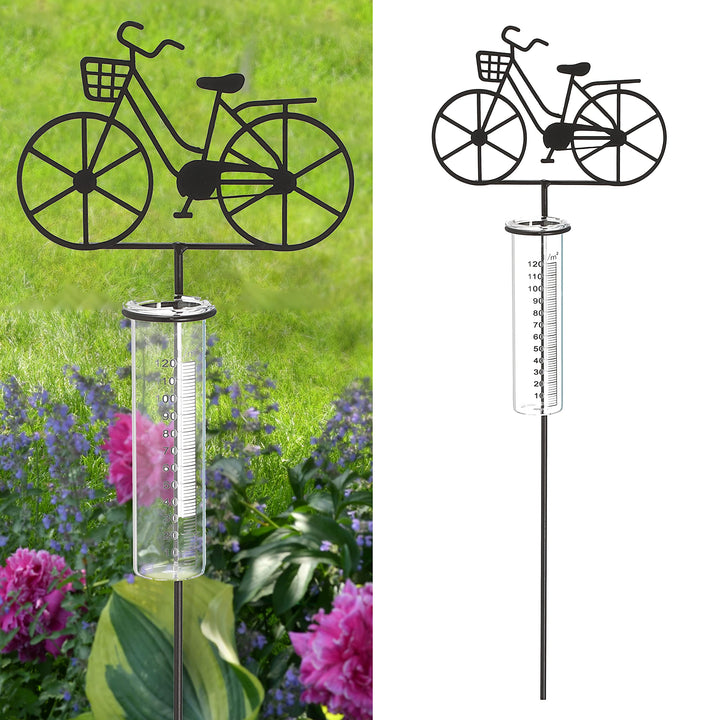 Cepewa Gartenstecker Regenmesser Fahrrad │ 18x90x5,5cm Metall Glas │ Messzylinder Niederschlagsmesse
