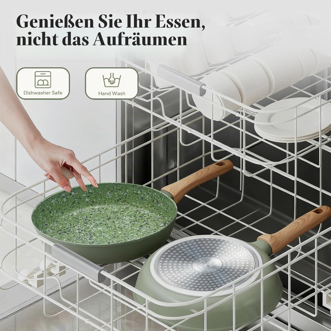 Leichte Antihaftbeschichtete Bratpfanne mit Holzgriff, Keramik-Aluminium, PTFE PFOA-frei, (24cm+28cm