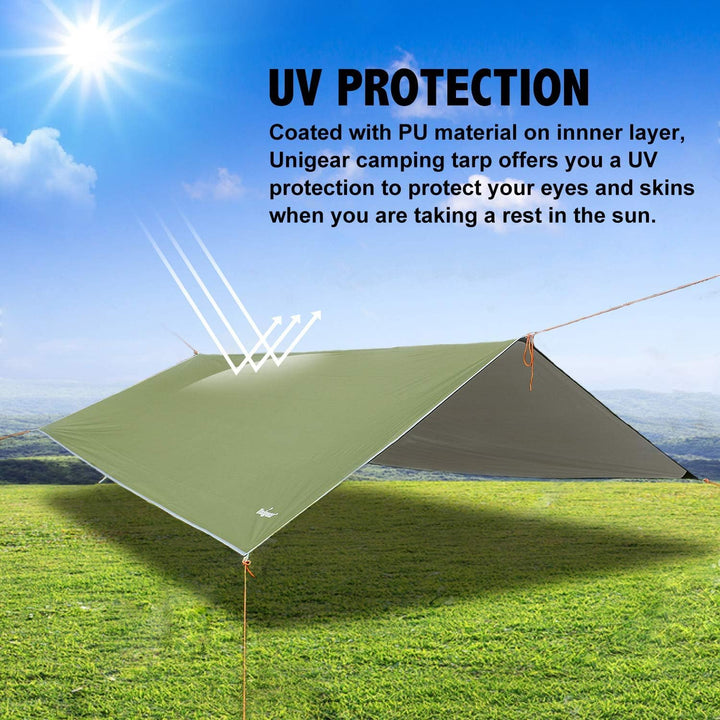 Unigear Tarp 3x3 3x4 3x5 4x4 wasserdicht, Zeltplane für Hängematte mit Ösen + 6/8 Erdnägel + 6/8 Sei