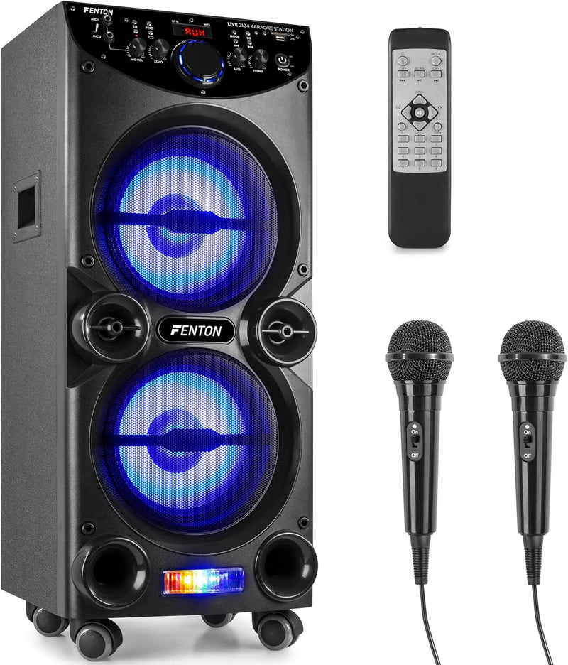 Fenton LIVE2104 - Karaoke Anlage mit 2 Mikrofonen, Bluetooth Karaoke Box, Fernbedienung, MP3-Player