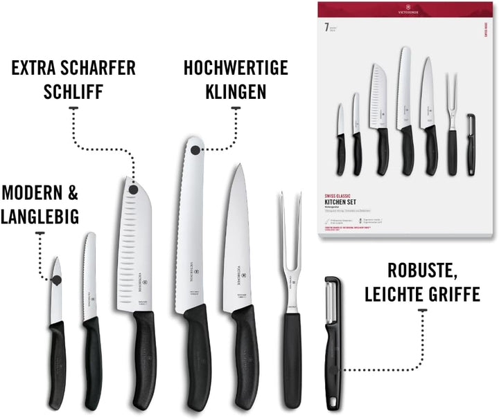 Victorinox Swiss Classic Küchenmesser Set, Kochmesser, 7-teilig, inkl. Santokumesser, Brotmesser, Ge