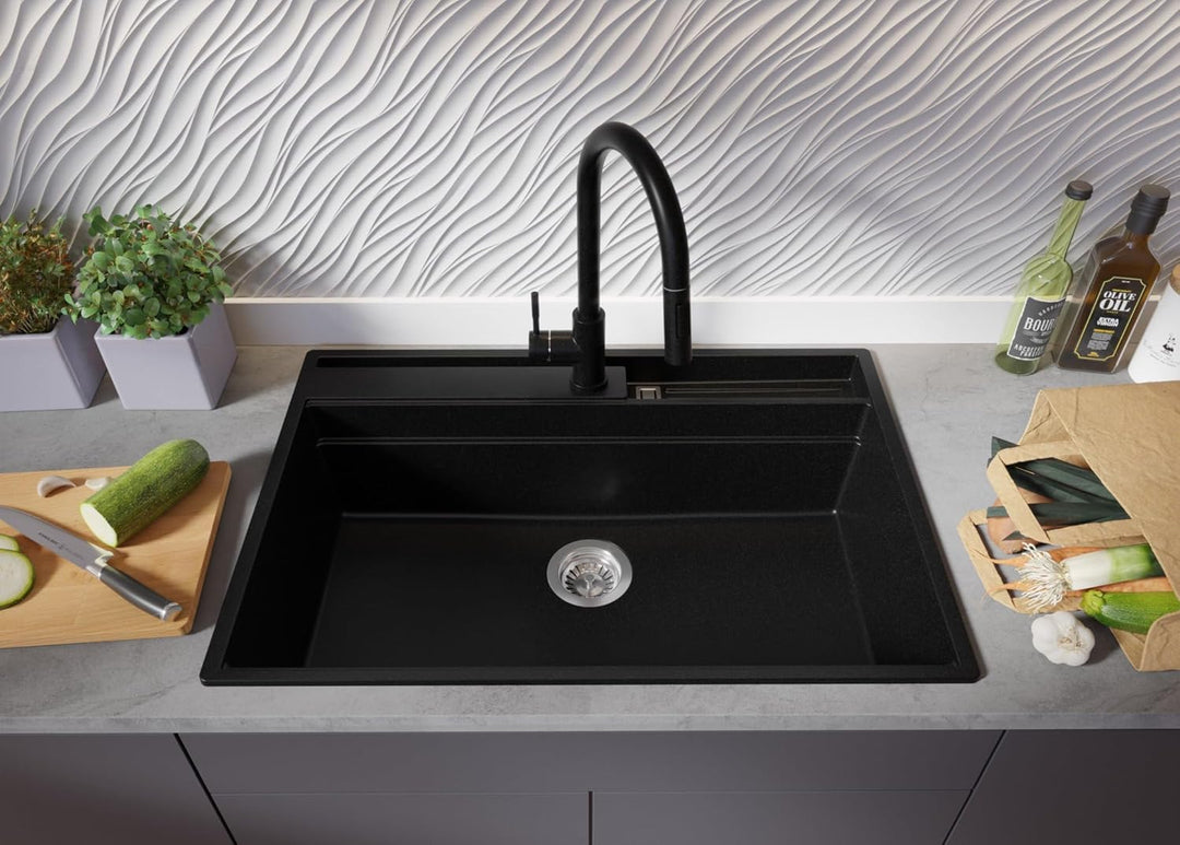 Spülbecken Schwarz 78x53 cm, Granitspüle 1 Becken + Ablauf-Set, Küchenspüle ab 80er Unterschrank, Ei