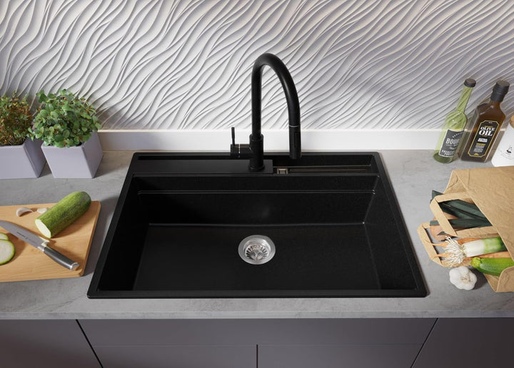 Spülbecken Schwarz 78x53 cm, Granitspüle 1 Becken + Ablauf-Set, Küchenspüle ab 80er Unterschrank, Ei