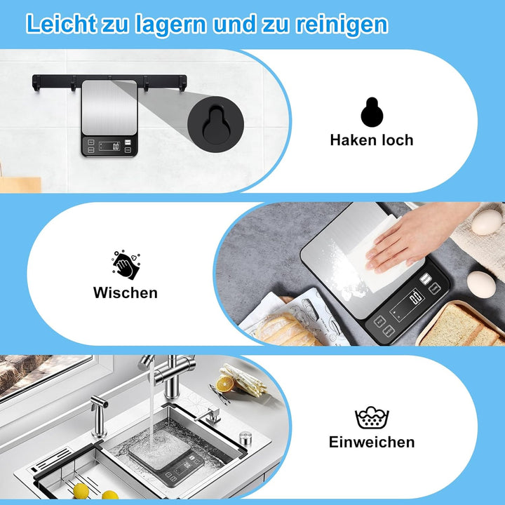 Diyife Wasserdicht IPX67 Küchenwaage 10KG, 0,1g Digitalwaage mit Grosser Edelstahl Wiegefläche, Wied