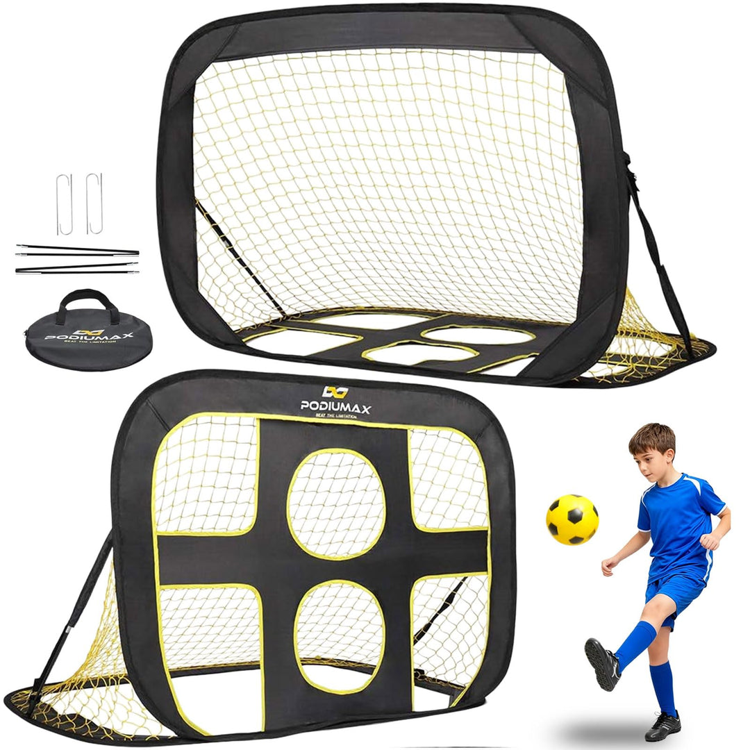 PodiuMax klappbares 2 in 1 Pop-Up Fussballtor für Kinder im Garten | Torwandtrainer für Indoor/Outdo