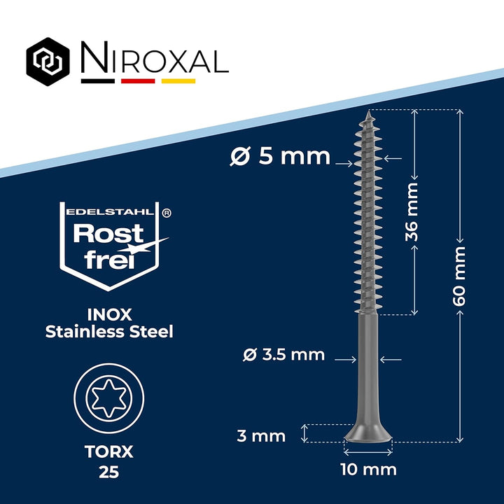 Schrauben Torx Edelstahlschrauben 5x60 Edelstahl V2A rostfrei Spanplattenschrauben für Holz Teilgewi
