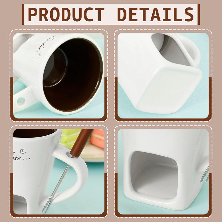 2 Stück Schokofondue Tasse,Keramik Schokoladenfondue Tasse mit Gabel Neu Käsefondue Set,Mehrzweck We