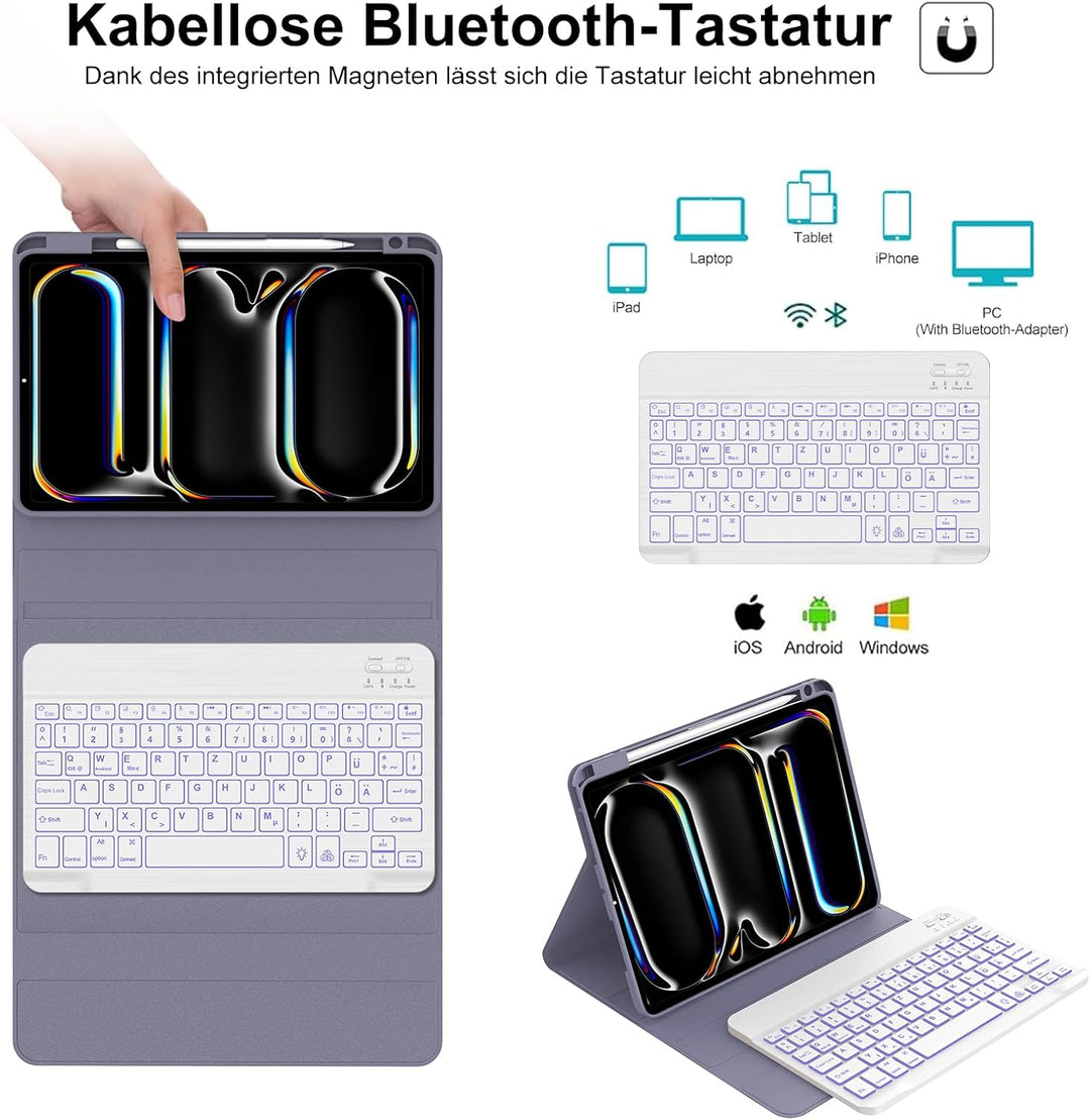 IVEOPPE Hülle mit Tastatur für iPad Pro 11" M5 2025/M4 2024, 7-Farbige Beleuchtung, Deutsches QWERTZ