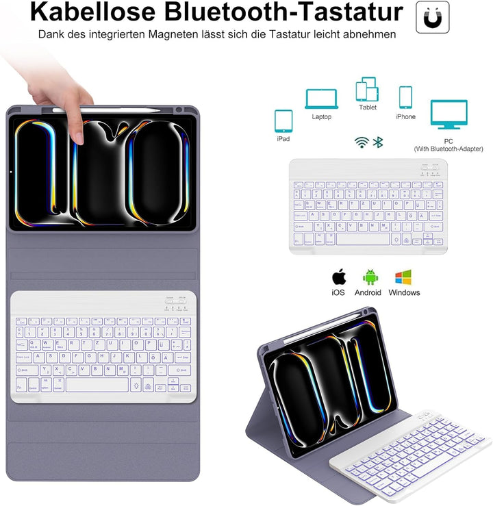IVEOPPE Hülle mit Tastatur für iPad Pro 11" M5 2025/M4 2024, 7-Farbige Beleuchtung, Deutsches QWERTZ