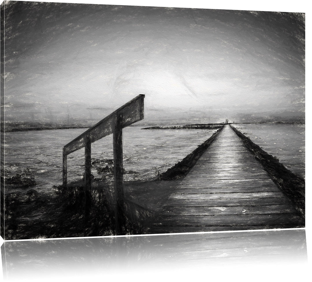 Pixxprint Langer Steg an der Nordsee / 100x70cm Leinwandbild bespannt auf Holzrahmen/Wandbild Kunstd