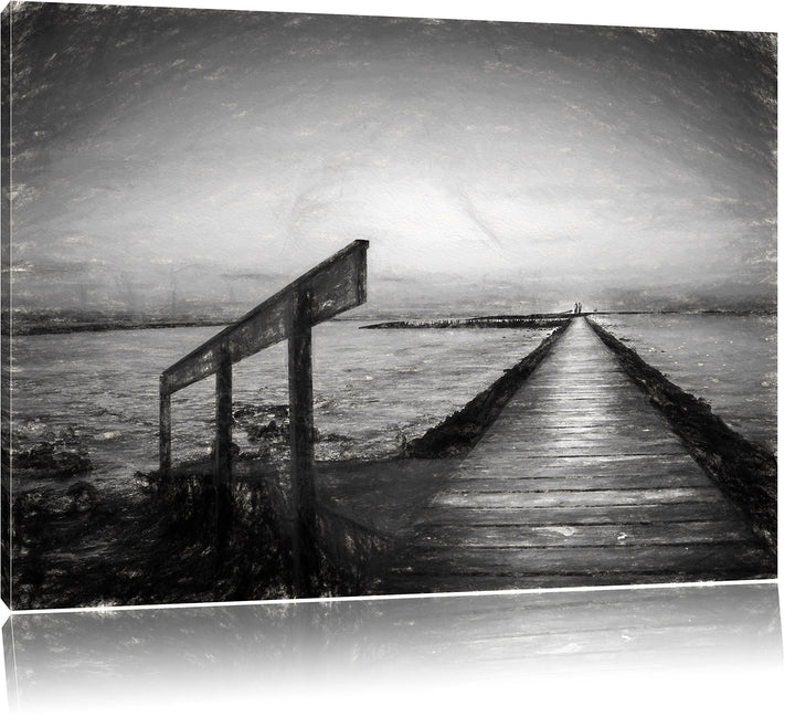Pixxprint Langer Steg an der Nordsee / 100x70cm Leinwandbild bespannt auf Holzrahmen/Wandbild Kunstd