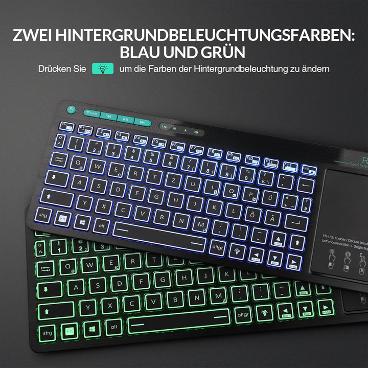Rii Bluetooth Tastatur mit touchpad(Bluetooth 5.0 + 2.4G Wireless), Mini Tastatur Beleuchtet mit 2 L
