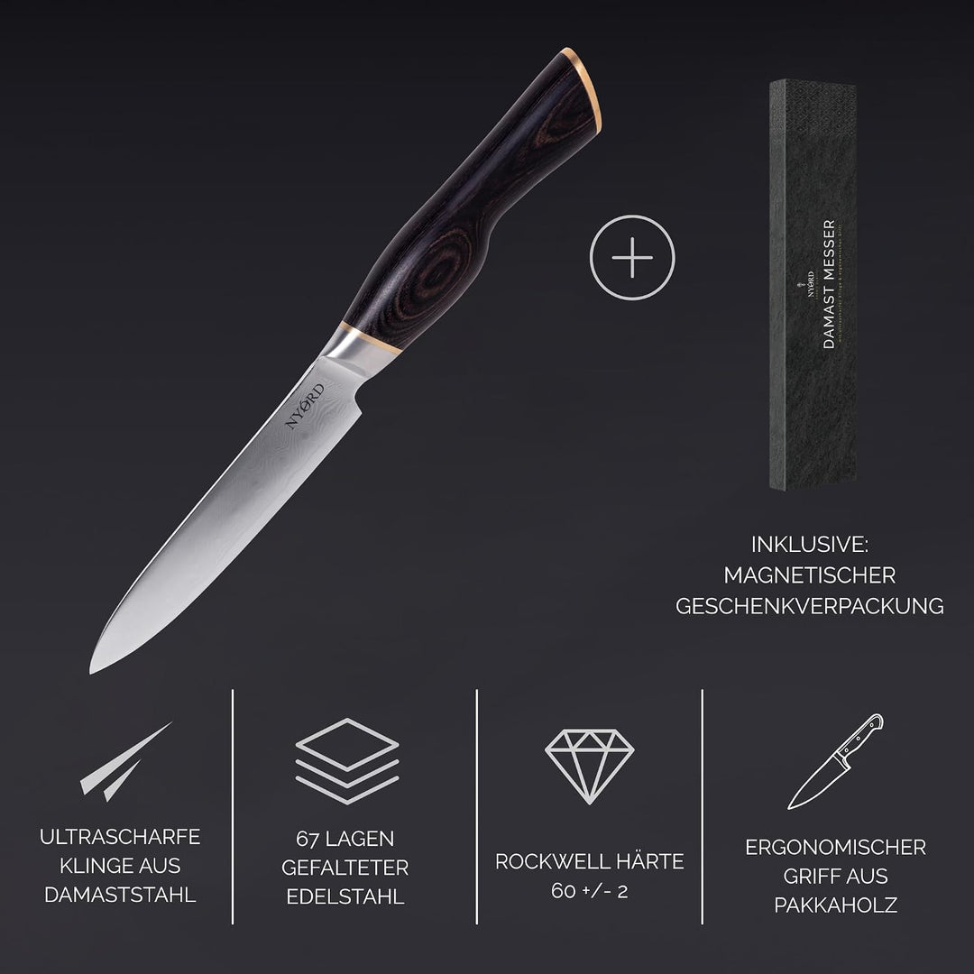 NYORD Damast Universalmesser, Kochmesser mit ultrascharfer Damastklinge, Allzweckmesser mit ergonomi