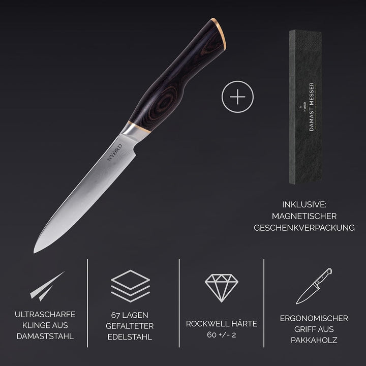 NYORD Damast Universalmesser, Kochmesser mit ultrascharfer Damastklinge, Allzweckmesser mit ergonomi