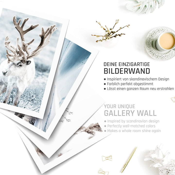 BLCKART Magic Winter Poster Set Beige Blau Schlafzimmer Deko Schnee Bilder Rentier Wanddeko Eule Woh